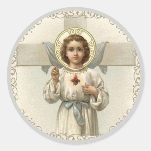Heiliges Herz Jesu mit Kreuz Runder Aufkleber (Vorderseite)