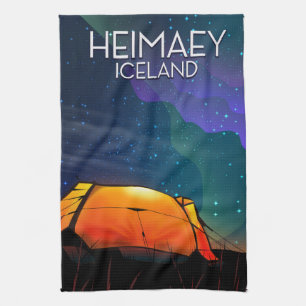 Heimaey, Eisland, Camping Urlaubsposter. Geschirrtuch