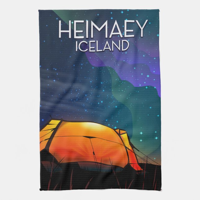 Heimaey, Eisland, Camping Urlaubsposter. Geschirrtuch (Vertikal)