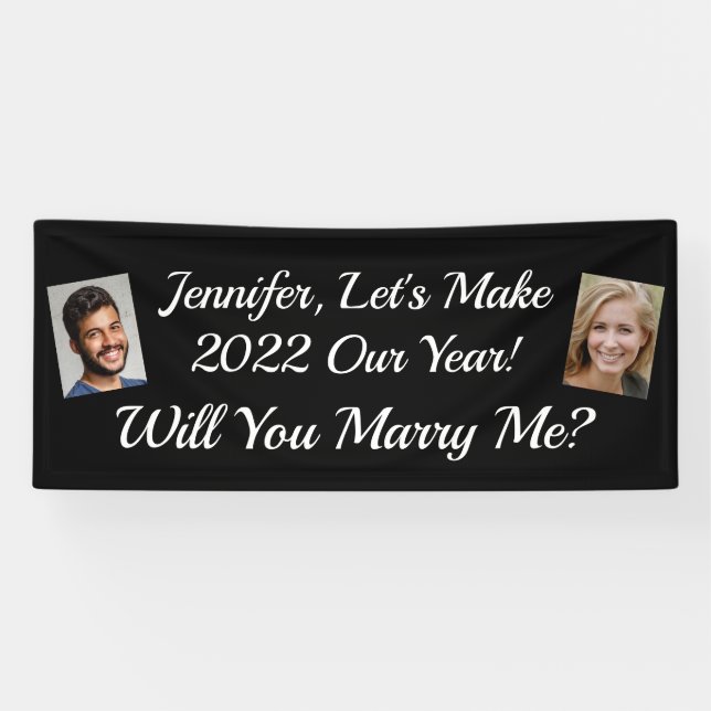 Heiraten Sie mich? Zwei Fotos, weißer Text, schwar Banner (Horizontal)