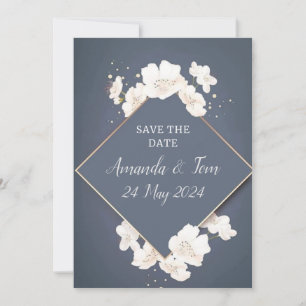 HEIRATSTERMINE MERKEN - blau mit weißen Blüten Save The Date