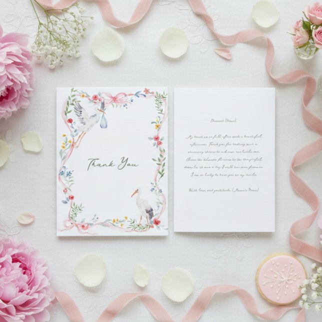 Heirloom Rose Ribbon and Stork Hostess Dankeskarte (Von Creator hochgeladen)