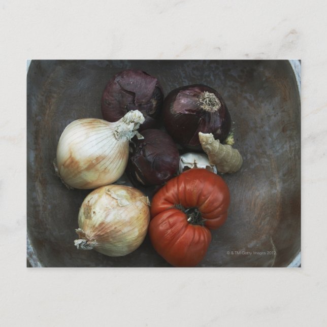 Heirloom-Tomate, gelbe Zwiebel, rote Zwiebel, Ingw Postkarte (Vorderseite)