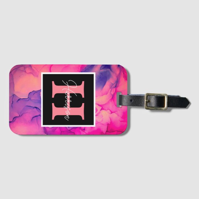 Heiß rosa Alkoholtinte Monogramm für sie Gepäckanhänger (Vorderseite (Horizontal))