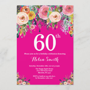 Heiß rosa Blüte 60. Geburtstag Einladung