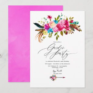 Heiß-rosa Boho-Chic-Floral-Gartenparty Einladung