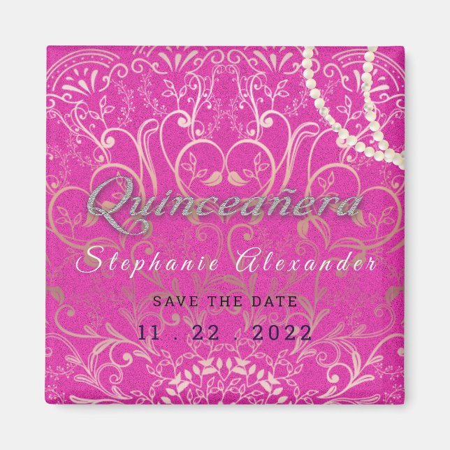 Heiß rosa Chineanera Save the Date Perlen, Glitzer Magnet (Vorne)