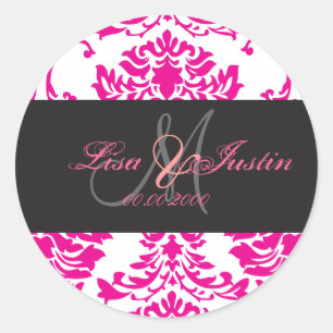 Heiß Rosa Damast, Monogramm-Aufkleber Runder Aufkleber