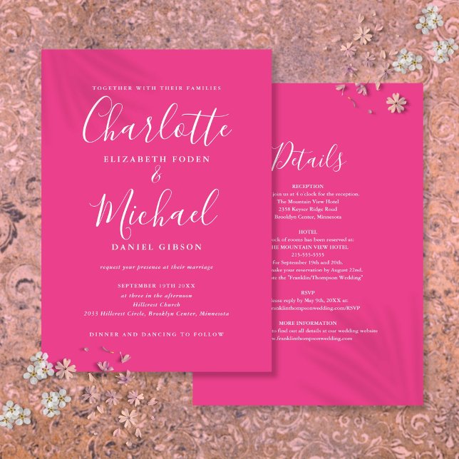 Heiß rosa, einfach, alles in einem Chic-Script-Hoc Einladung (Hot Pink Simple All In One Chic Script Wedding Invitation)