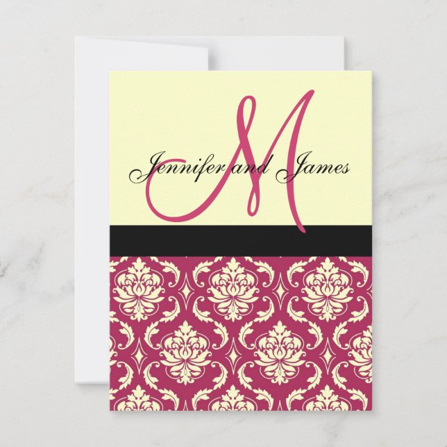 Heiß-Rosa-ElfenbeinDamask Monogramm Hochzeitsempfe Einladung (Vorderseite)