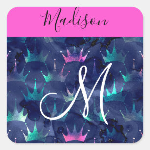 Heiß rosa Glitter Funken Meerjungfrau Kronen Monog Quadratischer Aufkleber