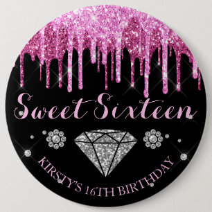 Heiß Rosa Glitter-Tropf Diamant Sweet Sixteen Button