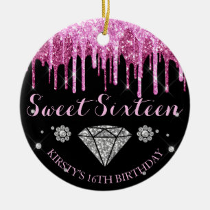 Heiß Rosa Glitter-Tropf Diamant Sweet Sixteen Keramik Ornament
