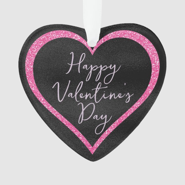 Heiß rosa Glitzer am schwarzromantischen Valentins Ornament (Vorderseite)