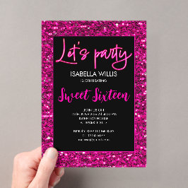 Heiß rosa Glitzern Sweet 16 Neon lasse Party Acryleinladungen