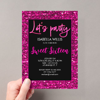 Heiß rosa Glitzern Sweet 16 Neon lasse Party Acryleinladungen