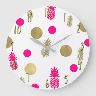 Heiß Rosa & Gold Punkte & Ananas Lustiger Sommer C Große Wanduhr