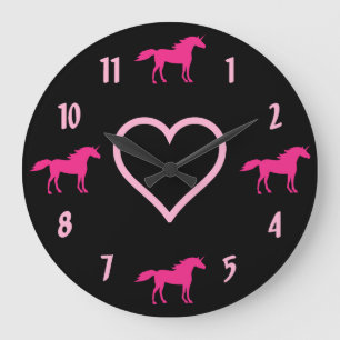 Heiß rosa Hörner und rosa Herz auf Schwarz Große Wanduhr