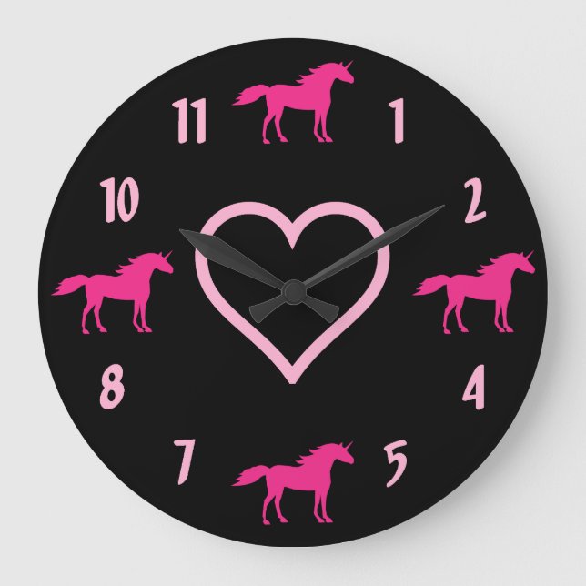 Heiß rosa Hörner und rosa Herz auf Schwarz Große Wanduhr (Vorderseite)