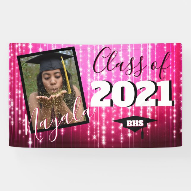 Heiß rosa mit Glitzern | Monogramm Abschluss Foto Banner (Horizontal)