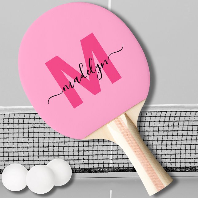 Heiß rosa Moderner Name Girl Monogram Tischtennis Schläger (Hot Pink Modern Script Name Girly Monogram Ping Pong Paddle)