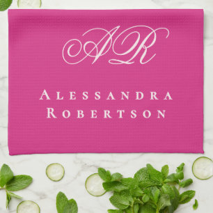 Heiß rosa Monogramm Name Minimalistisch Stylisch V Geschirrtuch