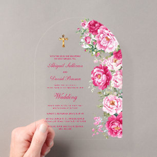 Heiß rosa Pfingstrosenbogen religiöse Hochzeit Acryleinladungen