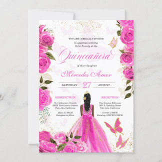 Heiß rosa Rose Butterfly Mariposa Quinceanera Rose Einladung