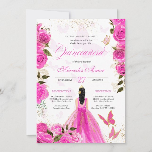 Heiß rosa Rose Butterfly Mariposa Quinceanera Rose Einladung (Vorderseite)