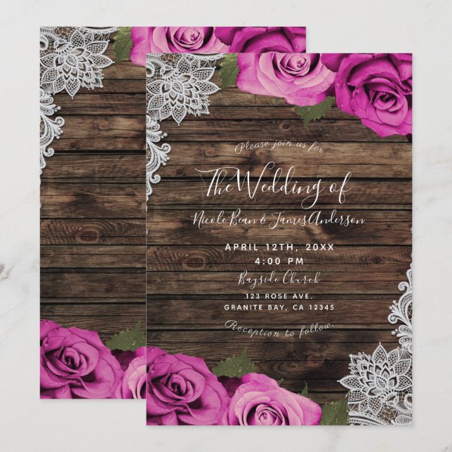 Heiß rosa Rose Rustikales Holz und Spitzen Hochzei Einladung (Vorne/Hinten)