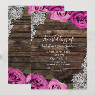 Heiß rosa Rose Rustikales Holz und Spitzen Hochzei Einladung