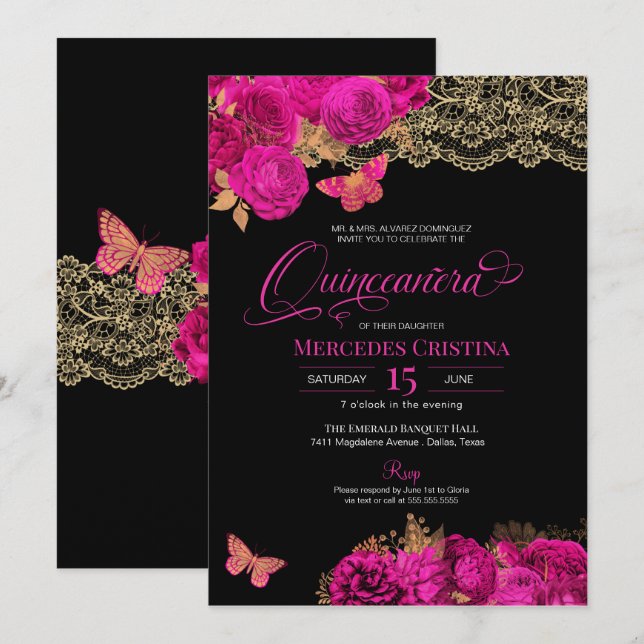 Heiß rosa Rose und Schmetterling Quinceñera Einladung (Vorne/Hinten)