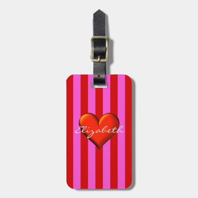 Heiß rosa, rote Streifen, rote Metallic Gepäckanhänger (Vorderseite vertikal)