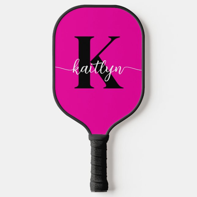 Heiß rosa Schwarz Monogramm Pickleball Schläger (Vorderseite)