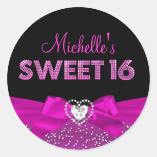 Heiß Rosa & Schwarze Herz-Schleife Sweet Sixteen A Runder Aufkleber