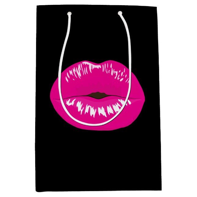 Heiß rosa Shiny Lippen auf schwarz Mittlere Geschenktüte (Vorderseite)