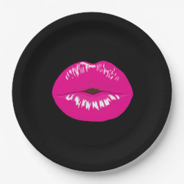 Heiß rosa Shiny Lippen auf schwarz Pappteller
