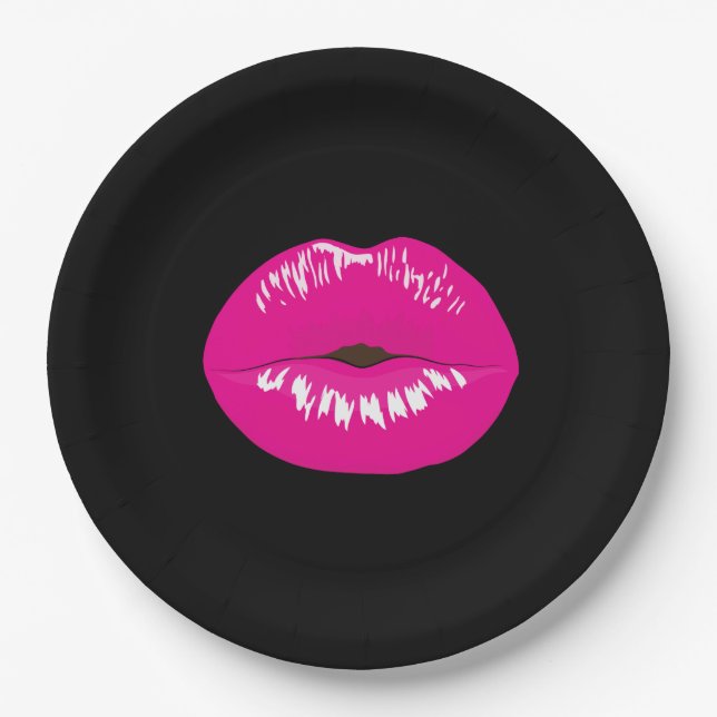 Heiß rosa Shiny Lippen auf schwarz Pappteller (Vorderseite)