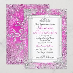 Heiß rosa Silver Winter Wonderland Sweet 16 Einladung