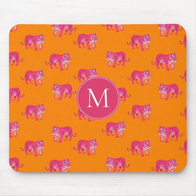 Heiß rosa Tiger auf feinem Orange Boho Muster Mousepad (Vorne)