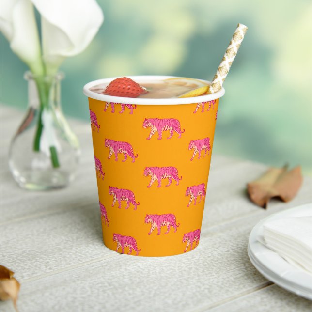 Heiß rosa Tiger auf feinem Orange Boho Muster Pappbecher (In Situ)
