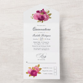 Heiß rosa und goldene, florale Quinceñera All In One Einladung
