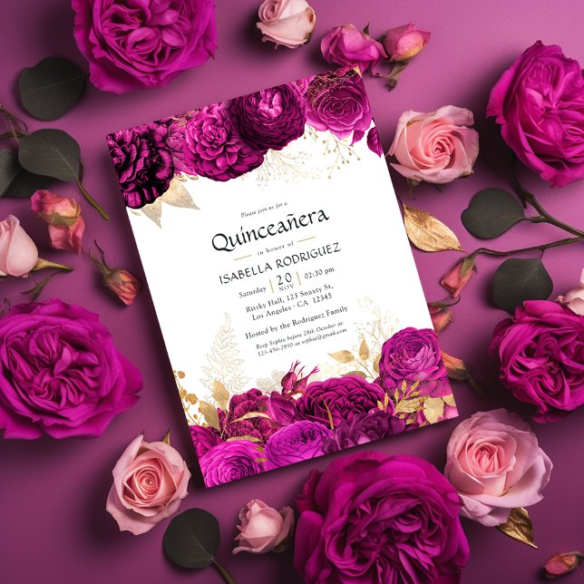 Heiß rosa und goldene, florale Quinceñera Einladung (Von Creator hochgeladen)