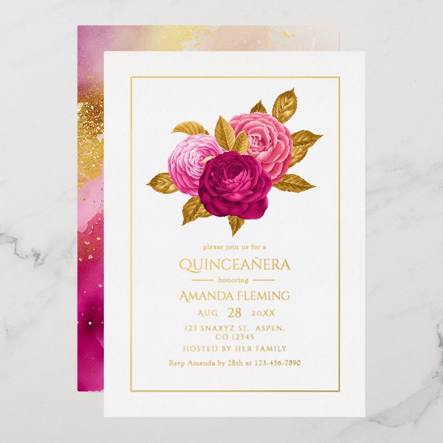 Heiß rosa und goldene, florale Quinceñera Folieneinladung (Vorderseite/Rückseite)