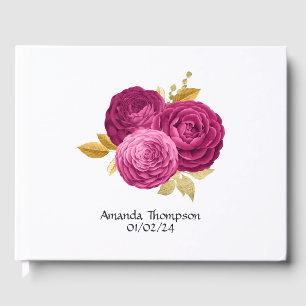 Heiß rosa und goldene, florale Quinceñera Gästebuch