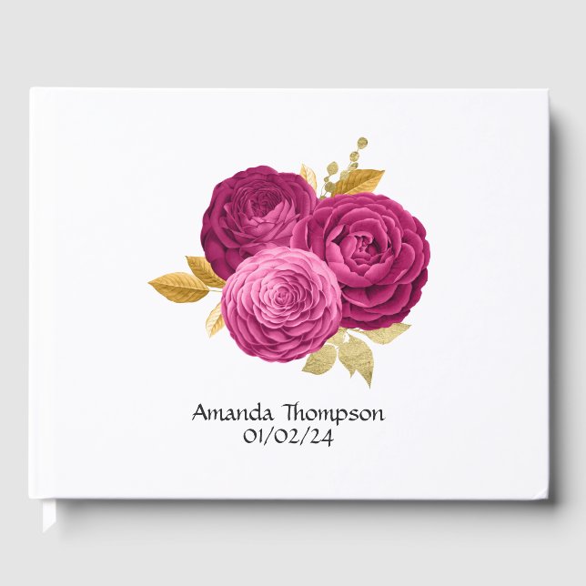 Heiß rosa und goldene, florale Quinceñera Gästebuch (Vorderseite)