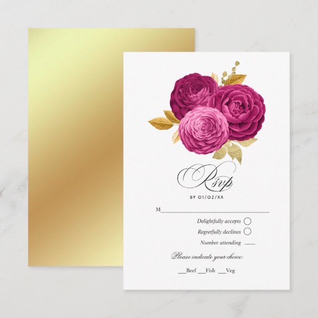 Heiß rosa und goldene, florale Quinceñera RSVP Karte (Vorne/Hinten)