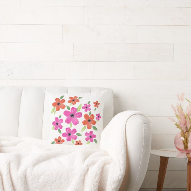Heiß rosa und orangefarbenes Blumenmotiv Kissen (Liege)