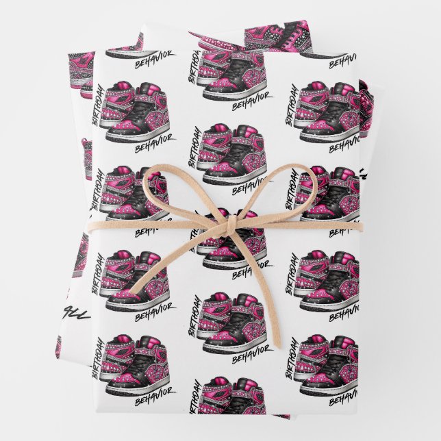 Heiß rosa und schwarz Glitzer Sneaker Ball Geburts Geschenkpapier Set (Beispiel)