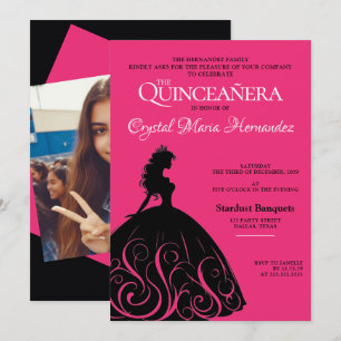 Heiß Rosa und Schwarze Quinceañera Einladung